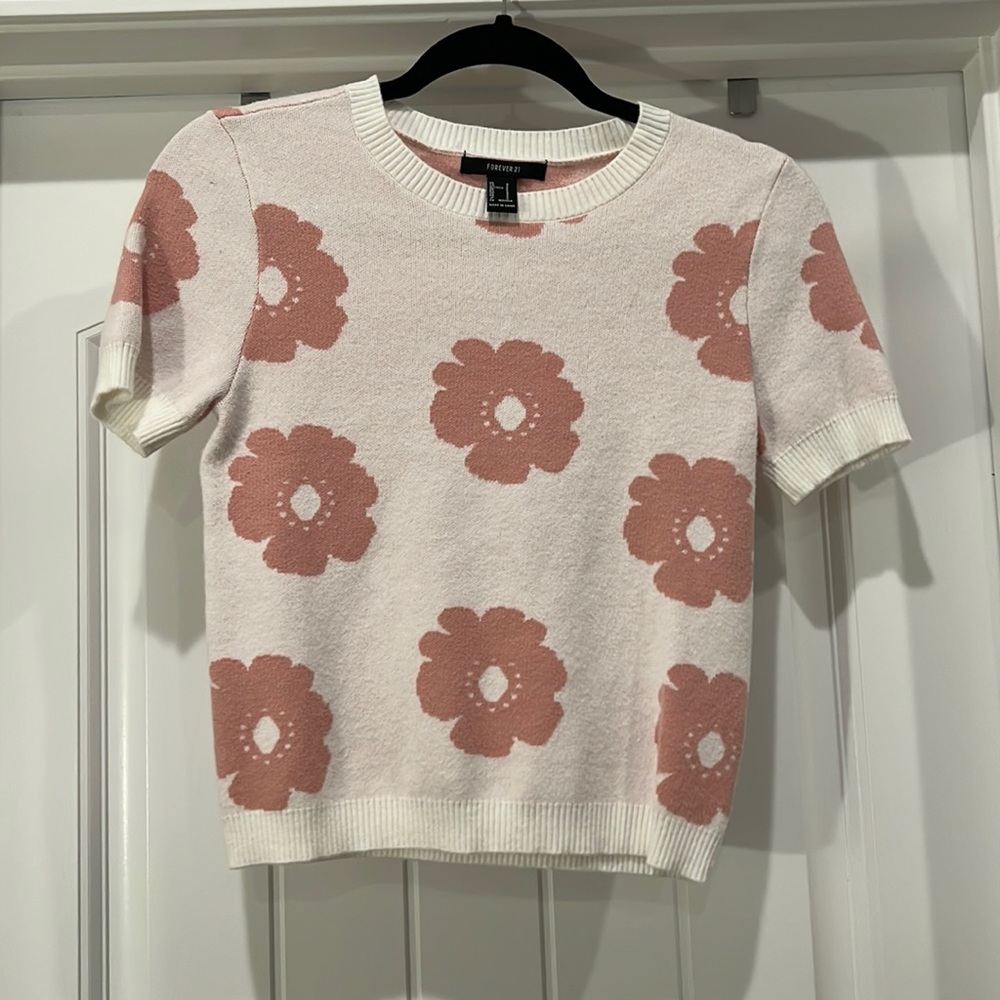 Forever 21, Small, Cream with pink flowers; Sweater crop top